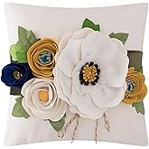 JWH 3D Flower Throw Pillow Cover Decorative Creamy White Cushion Case Floral Path Cushion Colorful Rose Pillowcase for Home Bed Sofa Couch Living Room 18x18 Inch Blue Green Yellow