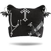 Goth Grunge Cat Beanie Hat Gothic Punk Black Cat Ear Beanie Y2K Knitted Cap Bat Wing Cross Chain Clothing Accessories for Women Halloween Streetwear Home Outdoor Winter