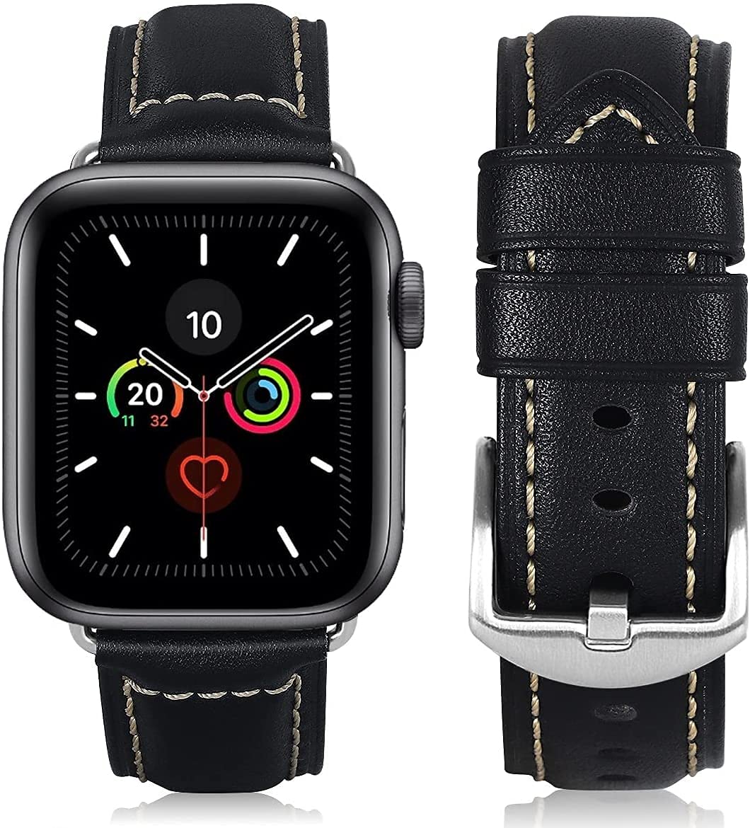 HUAFIY Leather Band Compatible with Apple Watch Band 38mm 40mm 41mm 42mm for Men Women, Original Leather Strap Replacement for iWatch Series 10/9/8/7 6 5 4 3 2,Ultra,Ultra2 (Black/Silver Buckle,38
