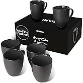 MIAMIO - Set of 6 Stoneware Coffee Mugs 12 Ounce/Cup Set - Le Papillon Collection (Black)