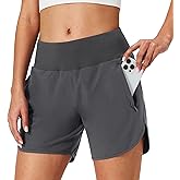 Womens Running Shorts Zipper Pockets High Waisted Quick Dry Athletic Workout Shorts with Liner