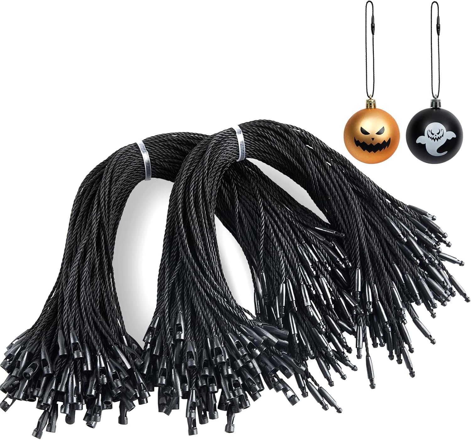 Ornament Hooks - Kucoele 200pcs Halloween Ornaments Hanger Strings, Black Ornament Hook, Precut Polyester Ropes with Snap Fastener for Halloween Christmas Holiday Ornament Decoration
