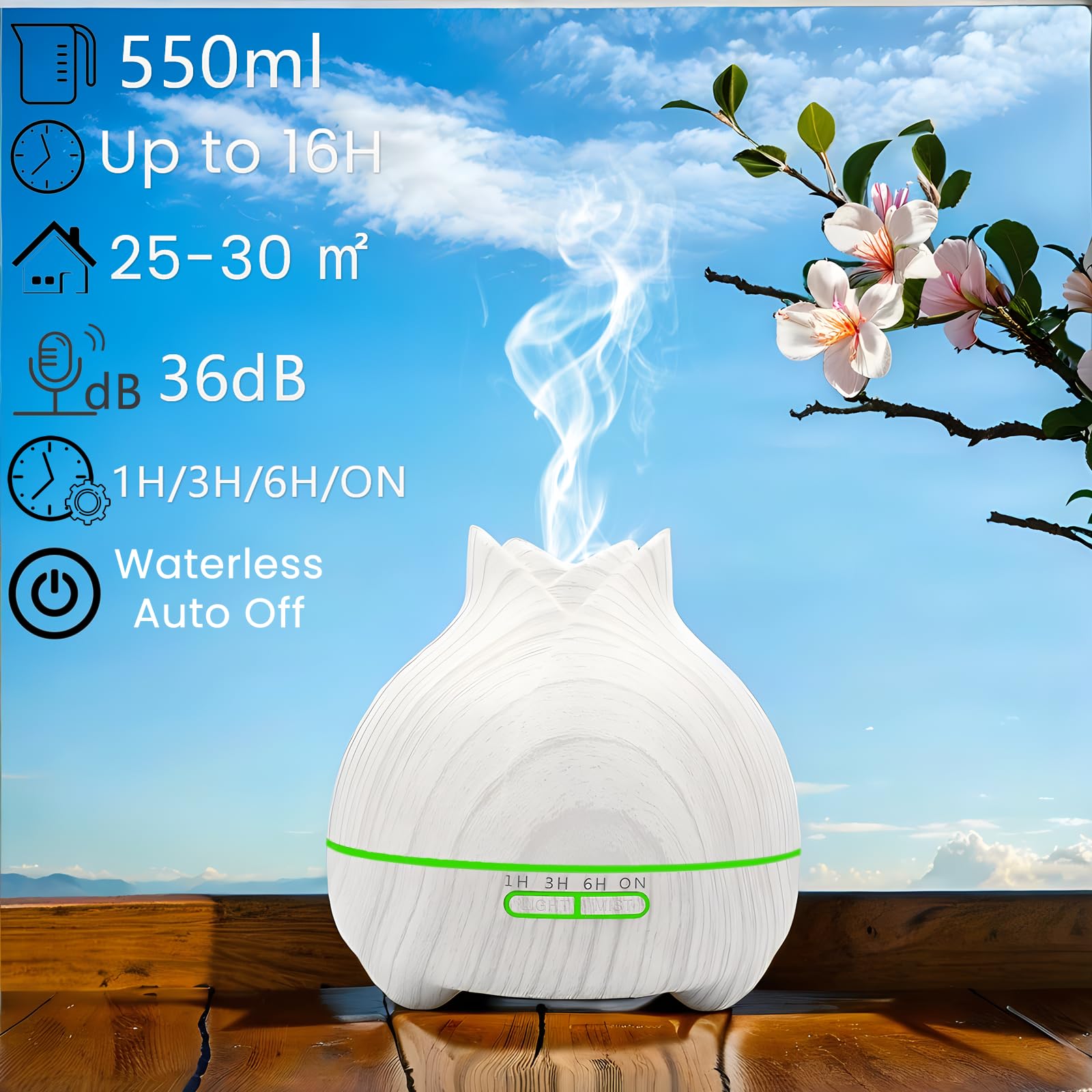 Aroma Diffuser for Essential Oil Large Room, 550ml White Essential Oil Diffusers for Home Kids, Cool Mist humidifier for Bedroom Office Hotel with Ambient Light, Waterless Auto Off Aromatherapy