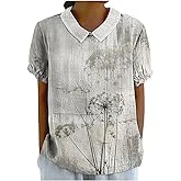 Women's Boho Floral Cotton Linen Shirt Tops Summer Casual Cute Lapel Blouses Loose Dressy Short Sleeve Gauze Shirts