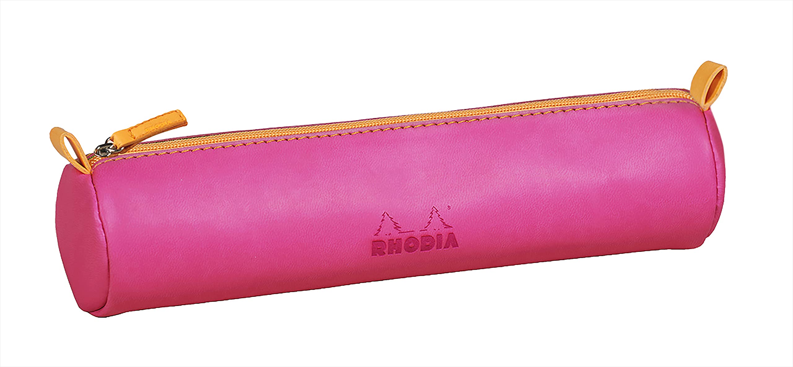 RHODIA 319009C - Rhodiarama Fuchsia Round Pencil Case - 21.5 x 5.5 cm - Genuine Orange Stitching - Ivory Jersey Interior - Faux Leather - Storage for Pens, Pencils, Markers, Small Supplies