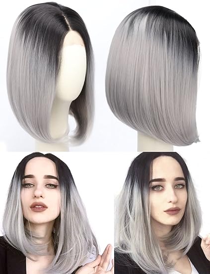 Gray Wigs For Women Lace Front Wigs Synthetic Ombre Color Short Bob