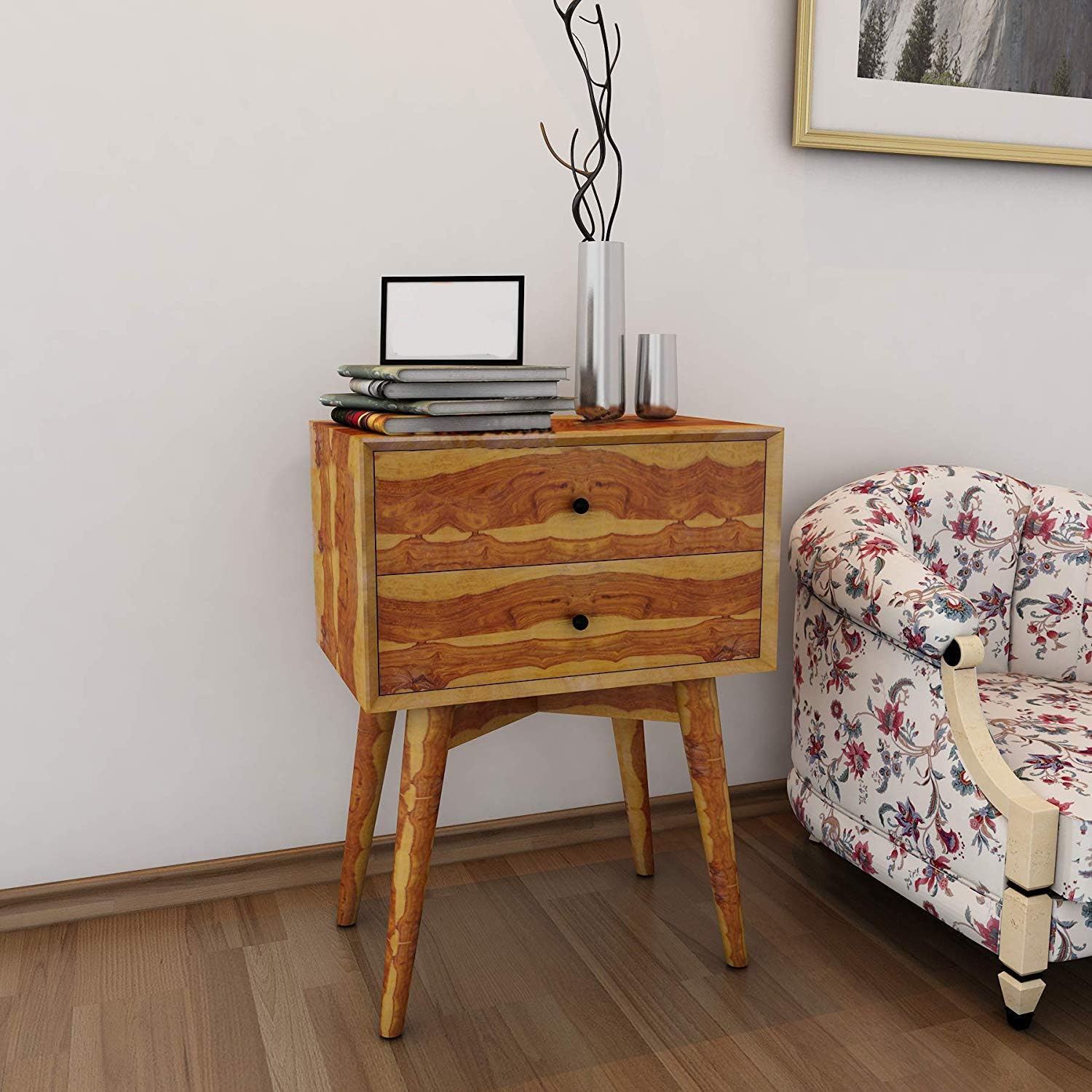 Liza Wood Decor Solid Sheesham Wooden Bedside End Table with 2 Drawer for Bed Room (Teak Finish)