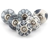 Craft Trade Ceramic Cabinet Knobs (Set of 6), Grey and White Printed Design Decorative Drawer Pulls for Kitchen Cupboards and Dressers, 2.5" Length x 1.5" Diameter