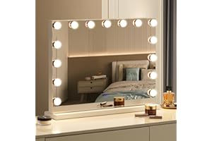 Amifiy Hollywood Vanity Mirror with Lights, 23"x18" Lighted Makeup Mirror for Desk/Wall Mount with 15 Led Bulbs, 3 Lighting Modes for College Dorm, Bedroom & Dressing Room (White)