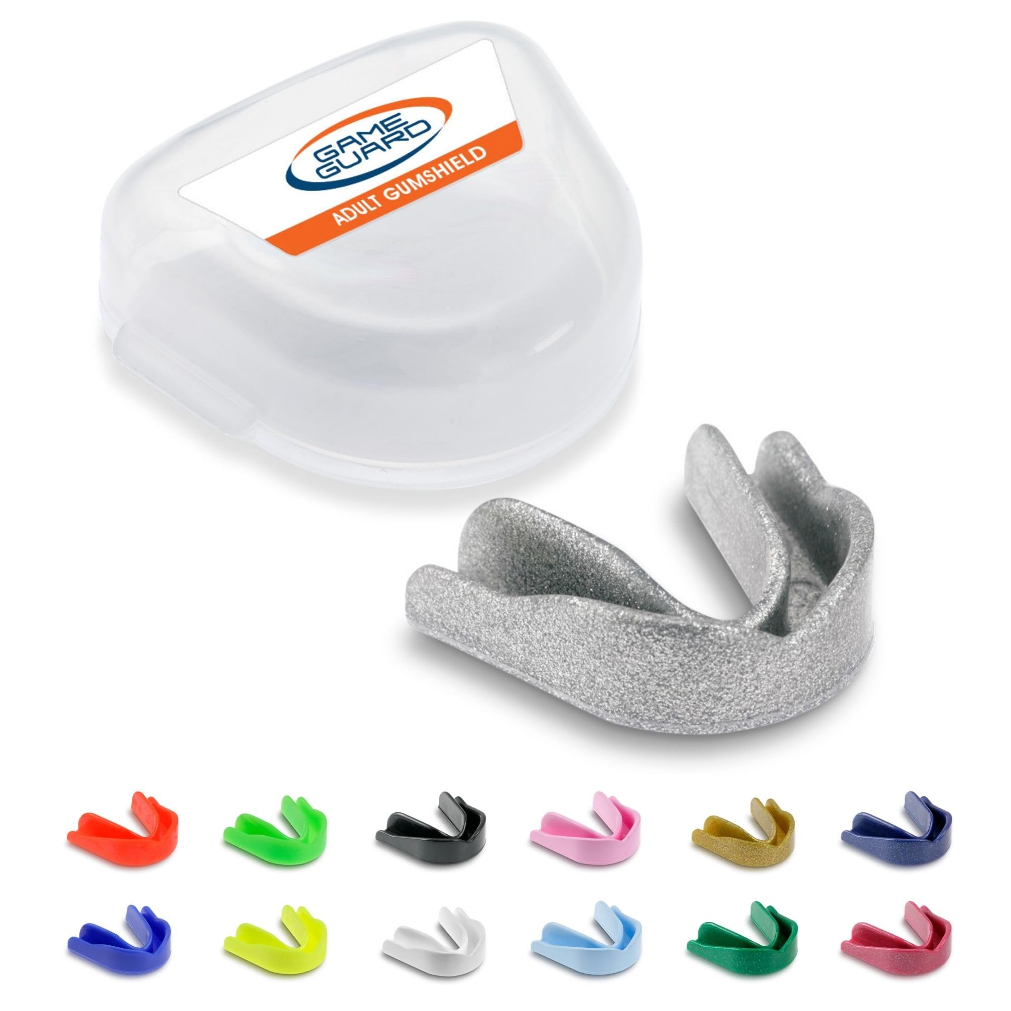 GAME GUARD Sports Mouthguard – Easy Fit Boil & Bite Gum Shield for Adults & Teens (Age 13+) – Mouth Guard for Rugby, Hockey, GAA – Ideal for Schools and Clubs (Silver Sparkle)