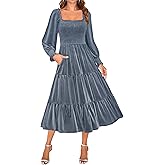 ZESICA Women's Velvet Long Sleeve Dresses 2026 Winter Square Neck Smocked Ruffle A Line Flowy Cocktail Party Midi Dress