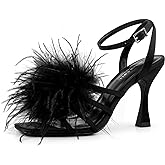 BCTEX COLL Women's Heeled Sandals Fluffy Feather Square Open Toe Ankle Strap Sexy Stiletto High Heels for Wedding Party Dance Evening