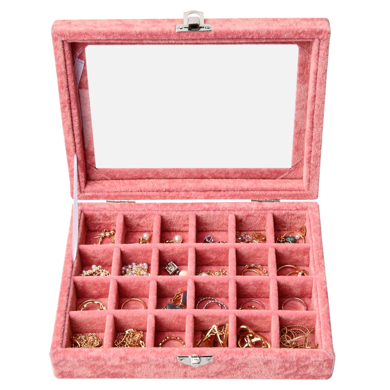 24 Grids Velvet Jewellery Display Box, Detachable Jewelry Showcase Box With Compartments, Clear Lid Jewellery Organizer Tray For Ring Brackets Necklace Holder (Pink)