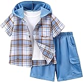 Jolyshlid Boys 2 Pieces Clothing Shorts Set Short Sleeve Plaid Button Down Shirt and Cargo Shorts Set 4-12Y