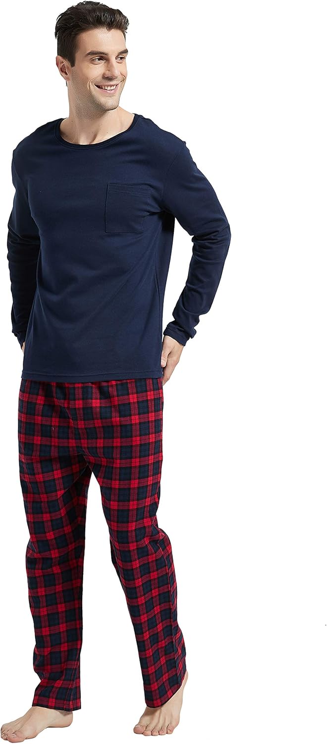 Amaxer Men's 100% Cotton Pajama Set Plaid Pants Crewneck Top Long Sleeve Pjs Soft Warm Lounge Set 2 Pcs Great Gift at  Men’s Clothing store
