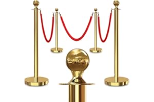 JLXMAXLJ 4PCS Gold Stanchions Posts with 3PCS 5 ft Red Velvet Rope, Red Velvet Rope Stanchion Set Crowd Control Barriers, Stanchions and Velvet Ropes Red Carpet Poles for Party Supplies