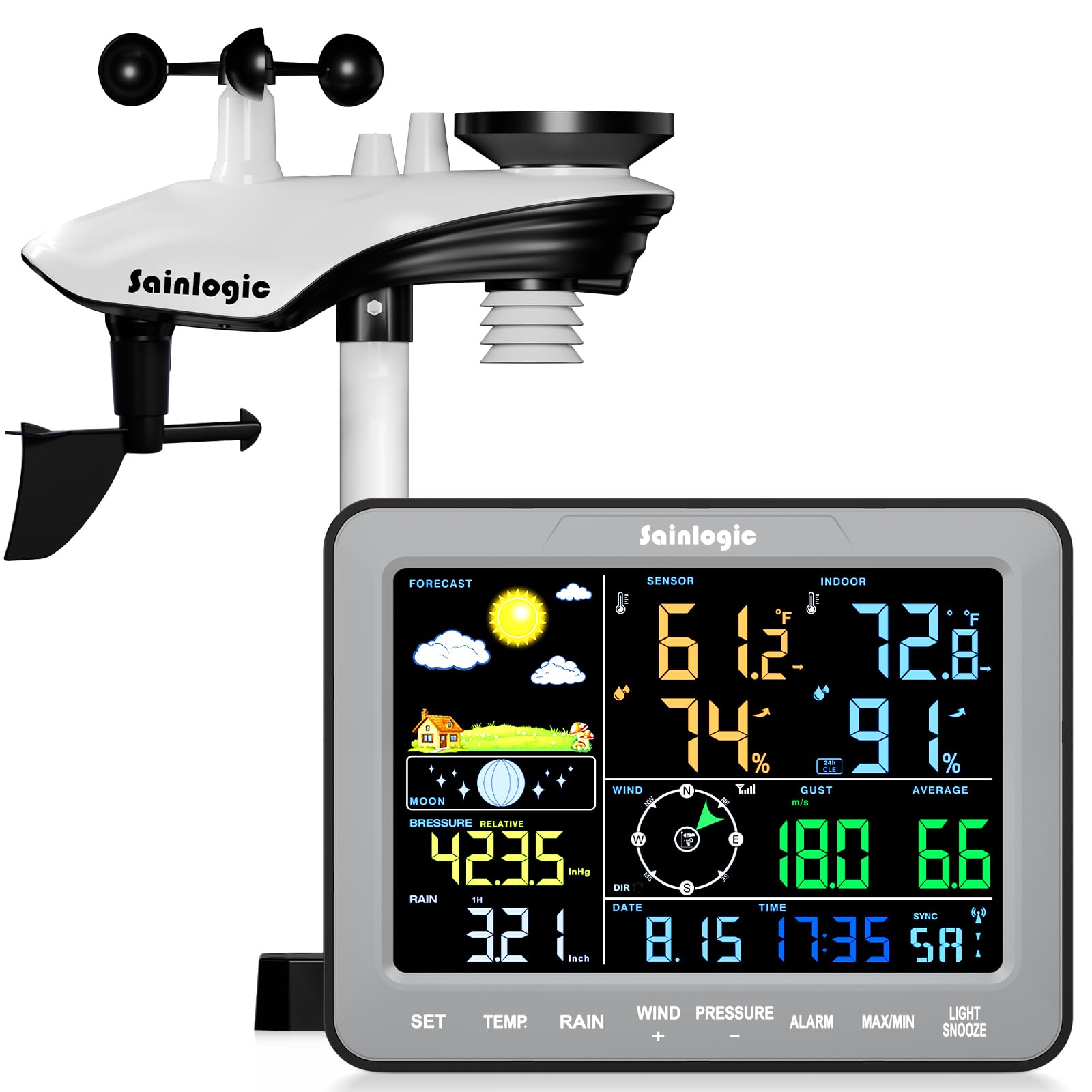Sainlogic SA68 Home Weather Station with Weather Stations Wireless Indoor Outdoor and Rain Gauge Outdoor for Temperture,Humidity,Forecast,Pressure,Moon Phase,Alarm Clock for Bedroom,Gray(No WiFi) Image