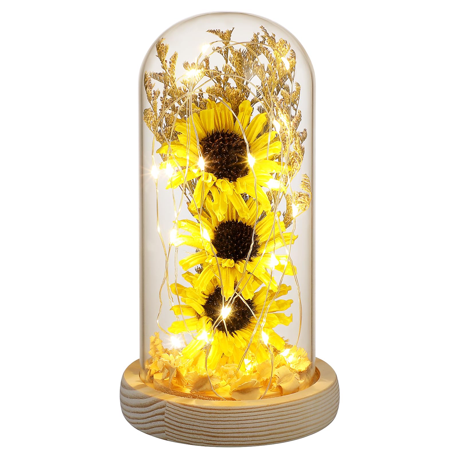 Artificial Sunflower in Glass Dome with LED Light, Sunflower Decor for Valentines Day Christmas Festival (Yellow)