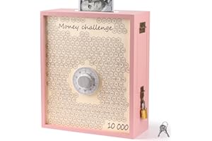 Mczxon 10000 Money Saving Box with Lock, Large Wooden 10k Savings Challenge Box $10,000 Reusable Coin Money Challenge Cash Pink Saving Box Saver Tracker Number Piggy Bank for Adults Kids, Pink