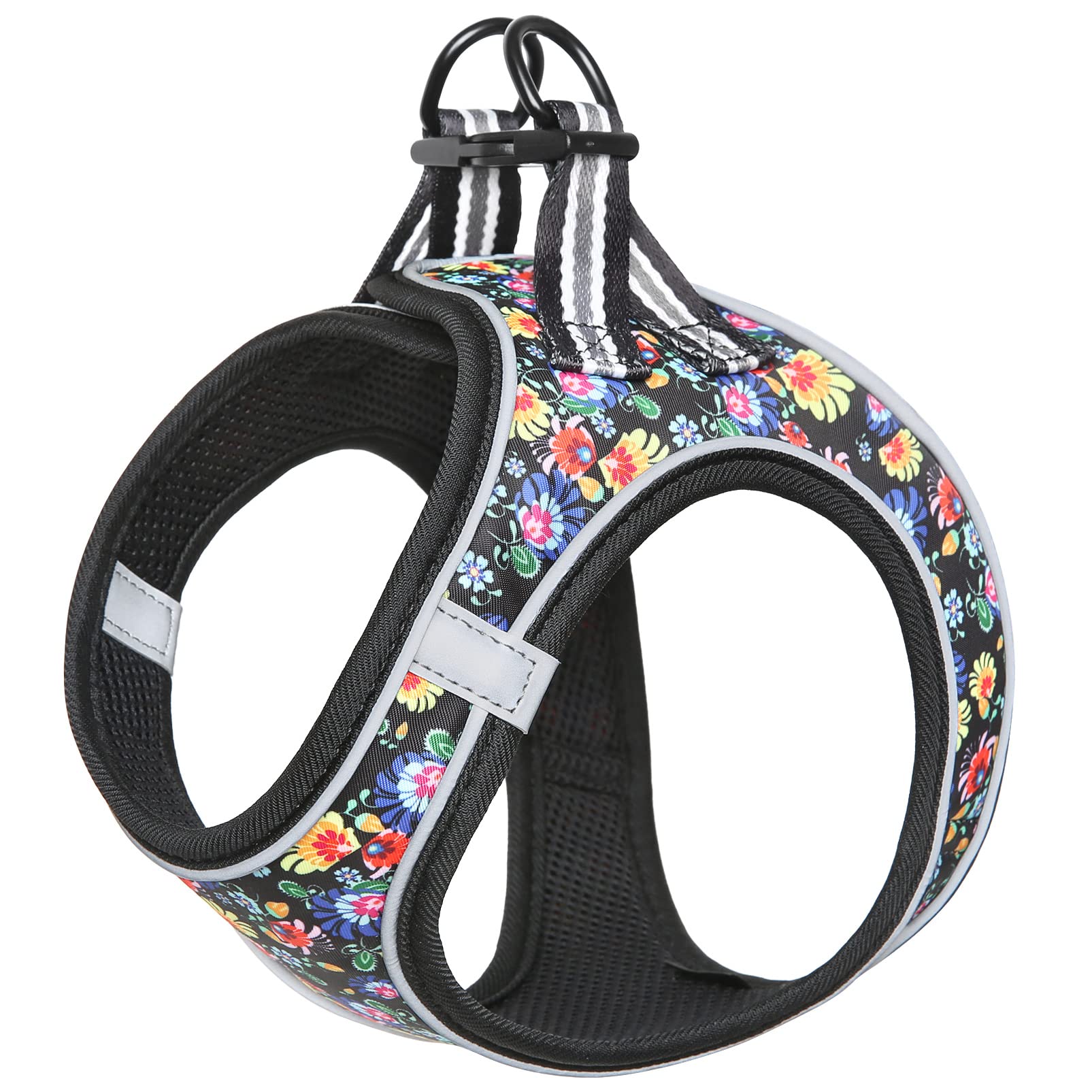 HEELE Small Dog Puppy Step-in Soft Mesh Harness - Reflective, Breathable, Visible in Dark - Floral Pattern, Comfortable for Walking & Training, Black Flower, 2XS