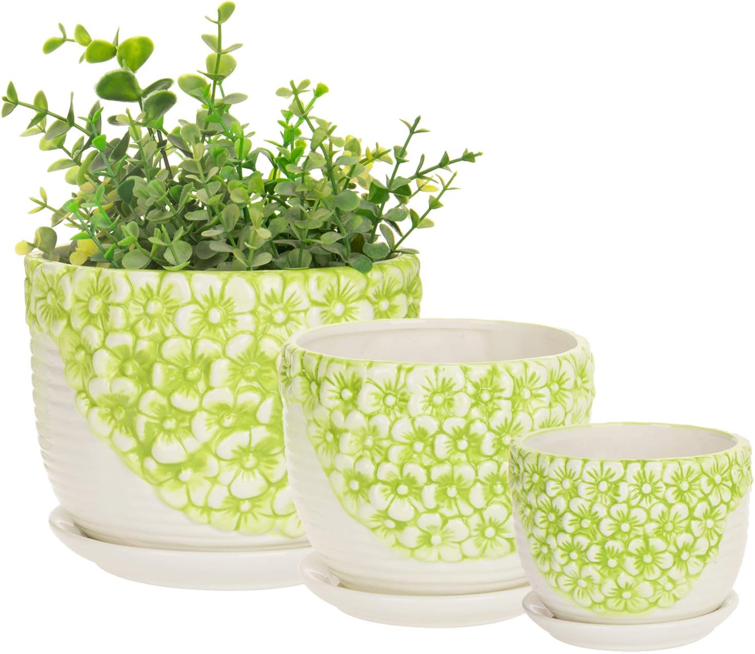 MyGift Set of 3 Green & White Flower Design Nesting Ceramic Planter Pots/Plant Containers w/Attached Saucers