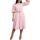 IWFEV Lace Pleated Dress Puff Sleeve Mid-Calf Short Sleeve Midi Dress Hollow Party Evening Dress
