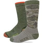 MUCK Boot Youth Boys Girls Heavyweight Merino Wool Blend Camo Boot Socks 2 Pair Pack (US, Alpha, Small, Regular, Olive Camo)