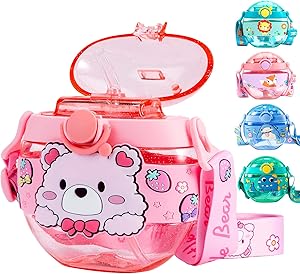 Amazlife Kids Water Bottle with Straw,BPA Free Water Bottles with Leak Proof Lids and Shoulder Strap Baby Sippy Cups for Toddlers Portable Reusable Carton Donut Drink Bottle for Girls Boys 9 Oz/14 Oz