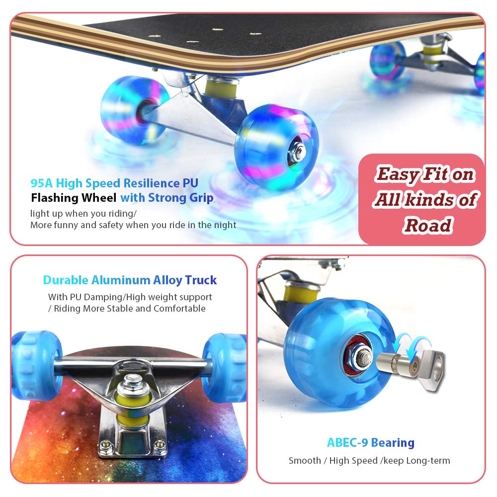 Easy_Way Complete Skateboards- Standard Skateboards for Beginners Kids Boys Girls Teenager- 31''x 8''Canadian Maple Cruiser Pro Skate Board, Skateboards