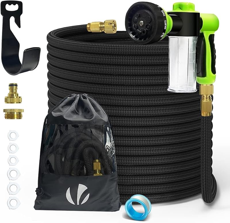 ® Manguera Extensible 30m, Manguera Flexible Jardín con Pistola Rociadora de 8 Funciones y Dispensador de Jabón, Conectores de Latón de 1/2 y 3/4 Pulgadas Bolsa de Almacenamiento, Negro