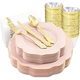 NOCCUR 175PCS Pink Plates with Gold Disposable Silverware - Include 50 Pink Plastic Plates,25 Knives,25 Forks,25 Spoons,25 Cups and 25 Napkins - Ideal for Party/Wedding/Valentines Day