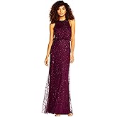 Adrianna Papell Womens Halter Blouson Beaded Gown