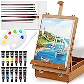Falling in Art Beechwood Easel Box Set, 27 Pcs Tabletop Acrylic Paint Set, Portable Display Easel Stand with 12 Acrylic Paints, Canvas Panels and Brushes, Suitable for Beginners and Professionals