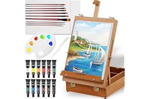 Falling in Art Beechwood Easel Box Set, 27 Pcs Tabletop Acrylic Paint Set, Portable Display Easel Stand with 12 Acrylic Paints, Canvas Panels and Brushes, Suitable for Beginners and Professionals