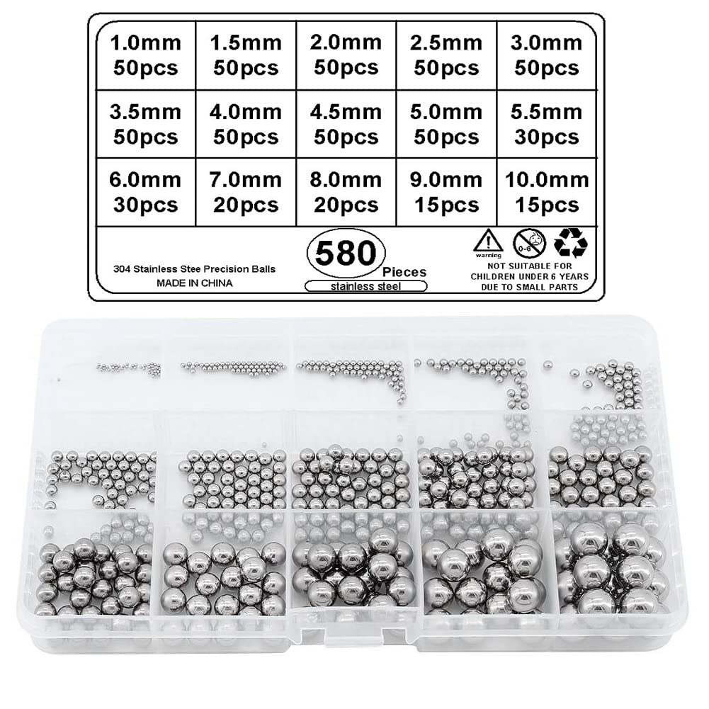 BOZONLI 580 Pieces 1mm-10mm Stainless Steel Precision Bearing Balls 15 Sizes for Bearings and Mechanical Equipment