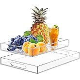 2 Pack Clear Serving Trays with Handle 11X11 -Lucite Acrylic Tray Set for Serving Food- 6mm Thick Small Stackable Bathroom Organizer-(11x11X2.4,10.2x10.2X2.4)