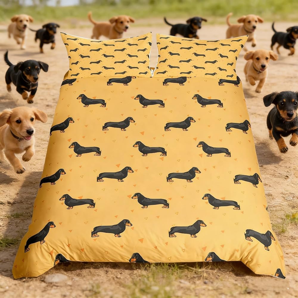 Loussiesd Dachshund Bedding Set Kids Cute Dogs Puppy Comforter Cover Set for Boys Girls Kawaii Dachshund Dog Animal Duvet Cover Breathable Triangle Geometric Quilt Cover Bedroom King Size
