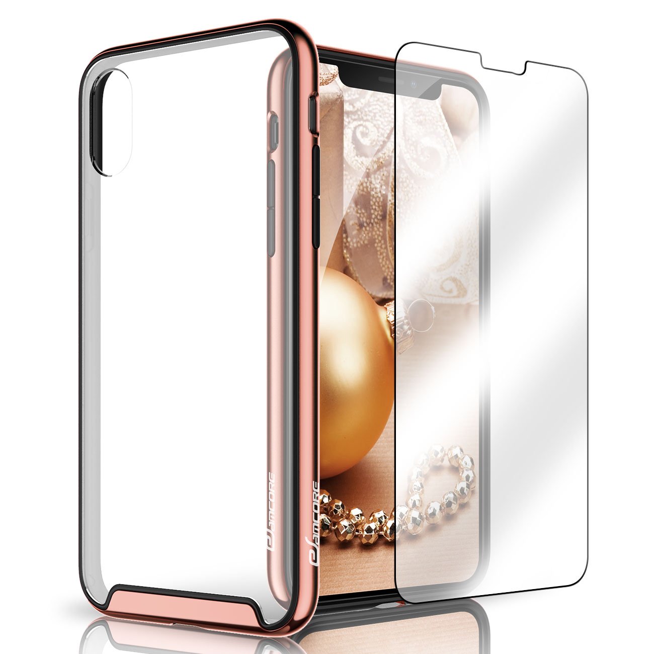iPhone X Case, eSamcore Protective Slim Hard Clear Back Case Cover with Tempered Glass Screen Protector [Shockproof Bumper] for Apple iPhone X 2017 [Blush Gold]
