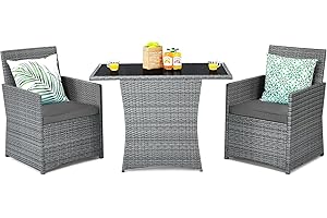 Tangkula 3 Pieces Patio Dining Set, Patiojoy Space-saving PE Rattan Bistro Set with Tempered Glass Top Table and Cushioned Chairs, Outdoor Conversation Set for Garden, Backyard, Poolside, Porch (Gray)