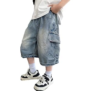 Boys Baggy Jean Shorts, Loose Fit Vintage Wide Leg Jorts, Y2K Streetwear Denim Capri Pants Elastic Waist Cargo Shorts Jeans