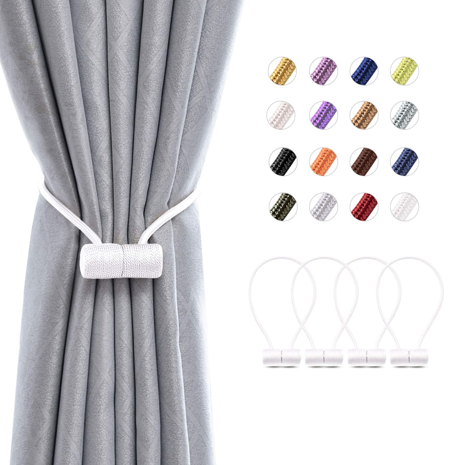Pretty Jolly 4 Pack Magnetic Curtain Tiebacks 16 Inch Modern Handmade Weave Rope Curtain Holdbacks Convenient Decorative Curtain Drape Tie Backs for Home and Office Window Drapery (White)