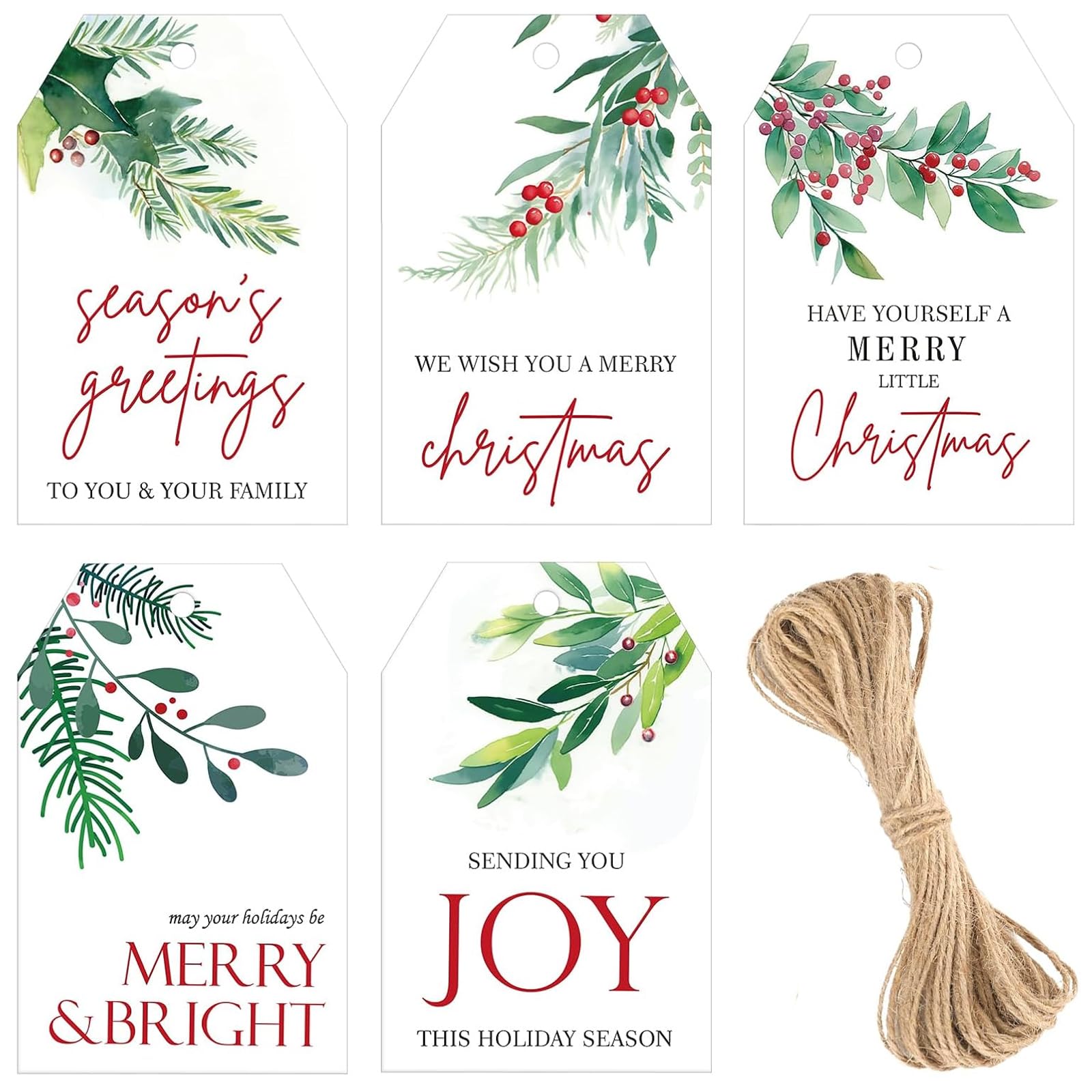 G2PLUS Holly Christmas Tags for Presents, 50PCS Xmas Wrapping Tags with Holly Berries for Christmas Presents Wrapping Decoration