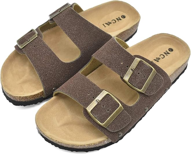 Amazon.com | Womens Flat Slide Sandals with Arch Support 2 Strap Adjustable Buckle Slip on 