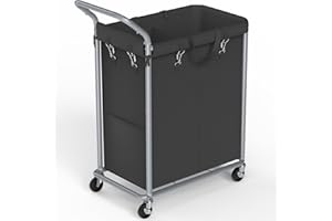 OLLIEROO Laundry Basket with Wheels, 2-Section Rolling Laundry Hamper with Removable Liner, 37 Gallons (140L) Laundry Sorter Cart, Blanket Storage Organizer with Sturdy Metal Frame(Black)