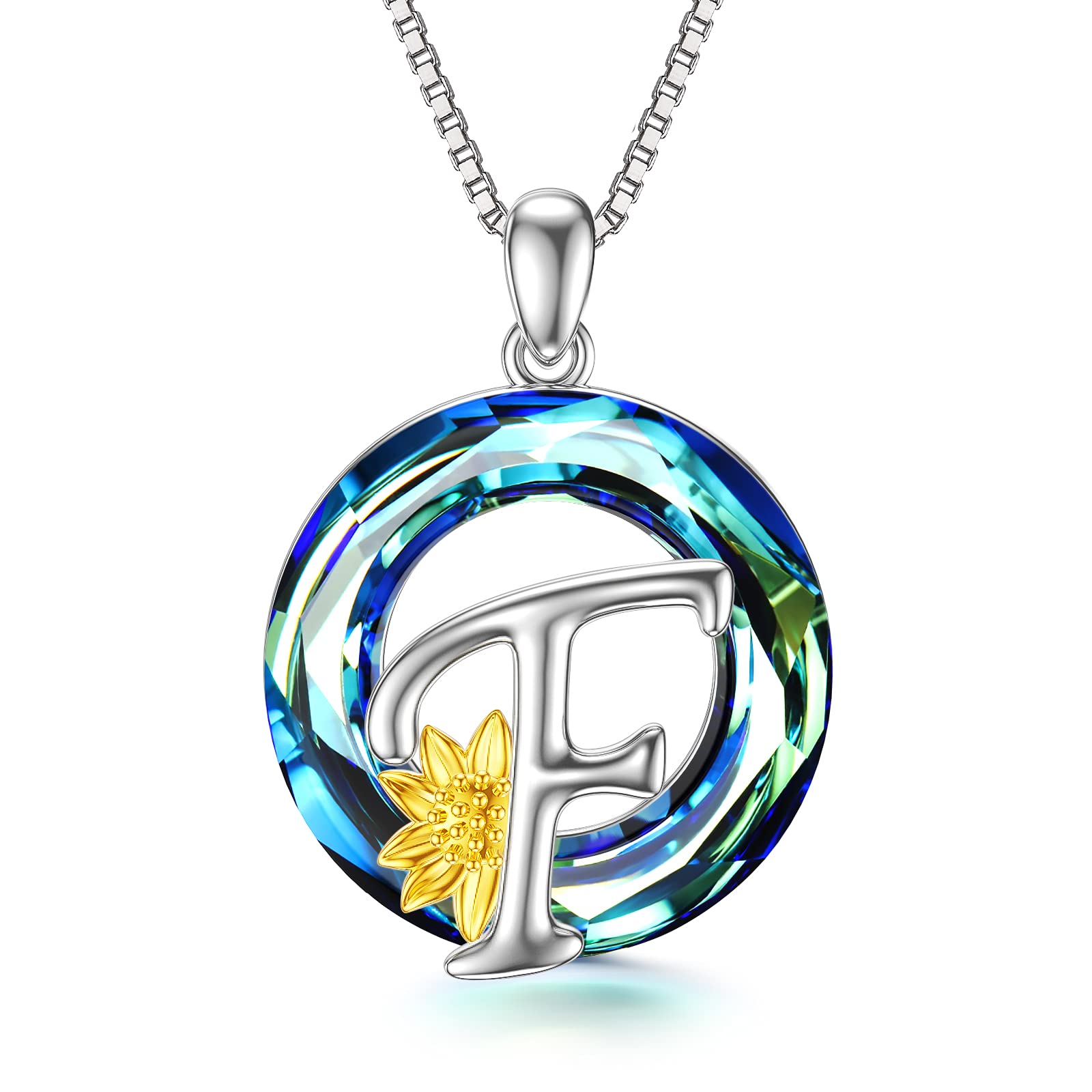 Midir&Etain Sunflower Initial Necklace 925 Sterling Silver Letter F Pendant Name Necklace Crystal Alphabet Personalised Jewellery Gifts for Women Girls