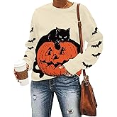 Black Cat on Pumpkin Sweatshirt Halloween Sweatshirts for Women Fall Pumpkin Face Tee Lightweight Pullover Tops