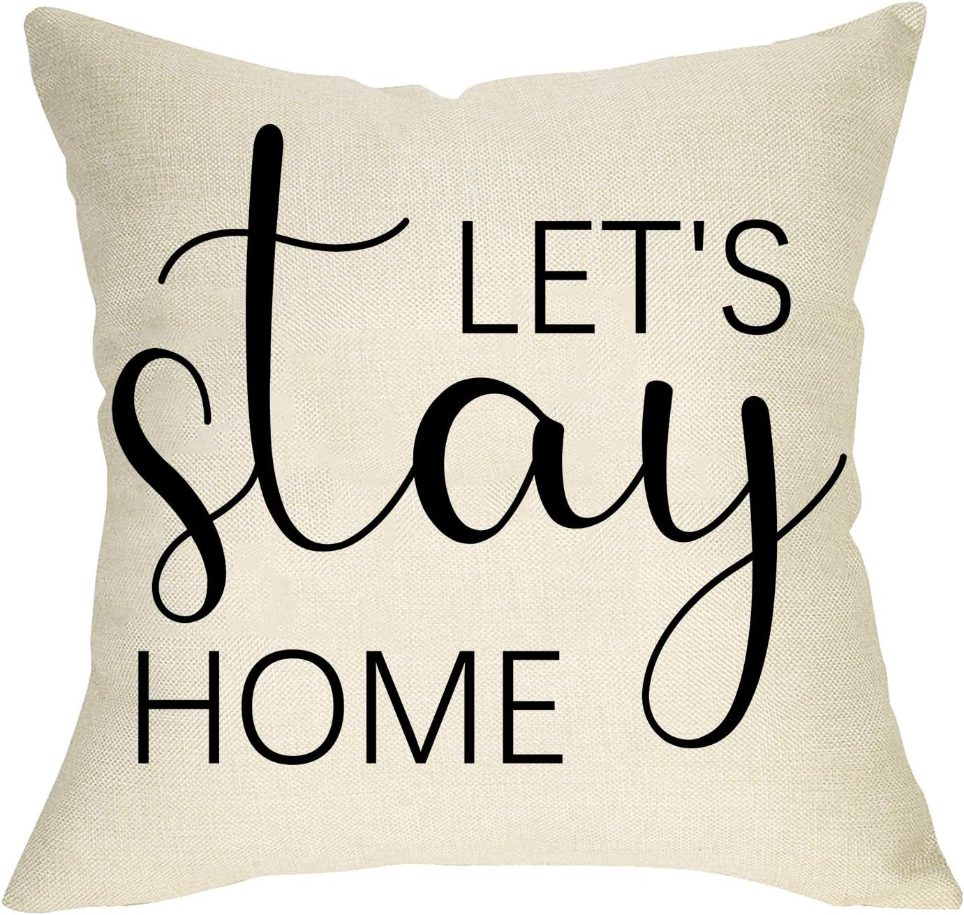 Pycat Let's Stay Home Throw Pillow Cover 18 x 18 Sofa Couch Rustic Decoration Farmhouse Home Décor Housewarming Gift Quote Decorative Pillowcase Cotton Linen Cushion Case
