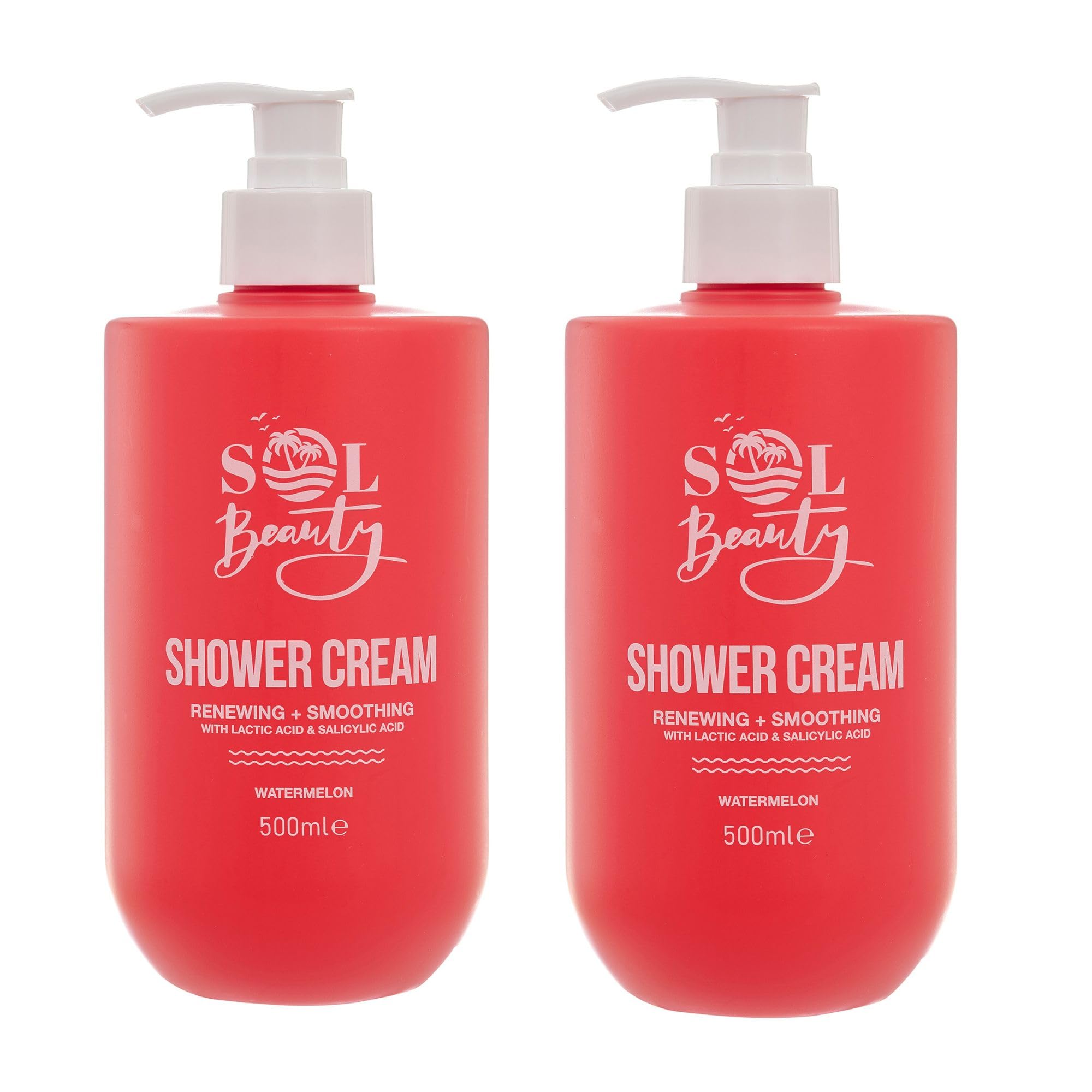 Sol Beauty Shower Cream Watermelon Scent, Renewing and Smoothing Vegan Friendly and Cruelty Free Shower Gel 2 x 500ml