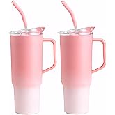 Alohastarttg 40 oz Plastic Tumblers with Handle, Screw Off Lid with Included Straw, Double Wall Leakproof Reusable Water Bottle Travel Mug Cup for Iced Coffee, Hot Cold Drink, Smoothie (2, Pink)