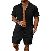 Bealin Men's Short Sets 2 Piece Summer Beach Outfits Button Down Texture Pocket Shirts and Shorts Set